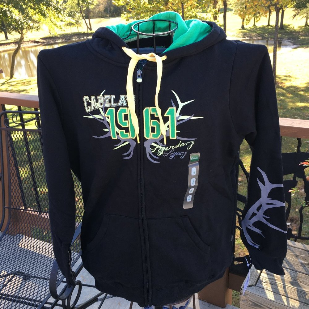 Women's Medium Black Full-Zip Hoodie Cabela's Varsity Green Logo NWT $50